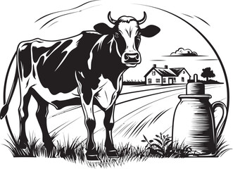Verdant Valley Visions Vector Logo with Cow, Milk Can, and Picturesque Grass Tranquil Dairy Sanctuary Cow, Milk Can, and Grass Emblem in Vector Logo