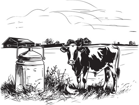 Rustic Creamery Milk Can Grass Farm Vector Logo Moo licious Pastures Cow with Milk Can Emblem