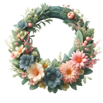 3D render A wreath with pink and blue flowers and green leaves, 3D render, isolated on a transparent background