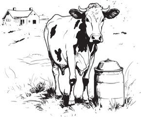 Green Pasture Paradise Cow, Milk Can, and Grass Emblem in Vector Logo Meadow Melodies Vector Logo Design with Cow, Milk Can, and Meadow Serenity