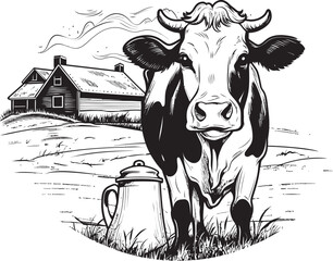 Country Charm Cow, Milk Can, and Grass Vector Logo Blissful Bovine Bounty Vector Logo with Cow, Milk Can, and Tranquil Meadow