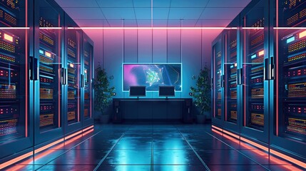 Flat graphic image of a hosting company featuring servers and computers. Generative AI.
