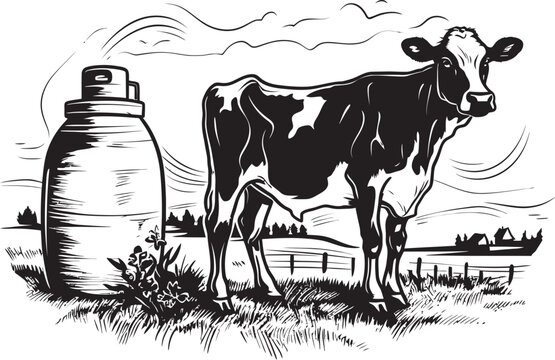 Meadow Magic Cow, Milk Can, and Grass Vector Design Dairy Haven Cow and Milk Can Vector Emblem