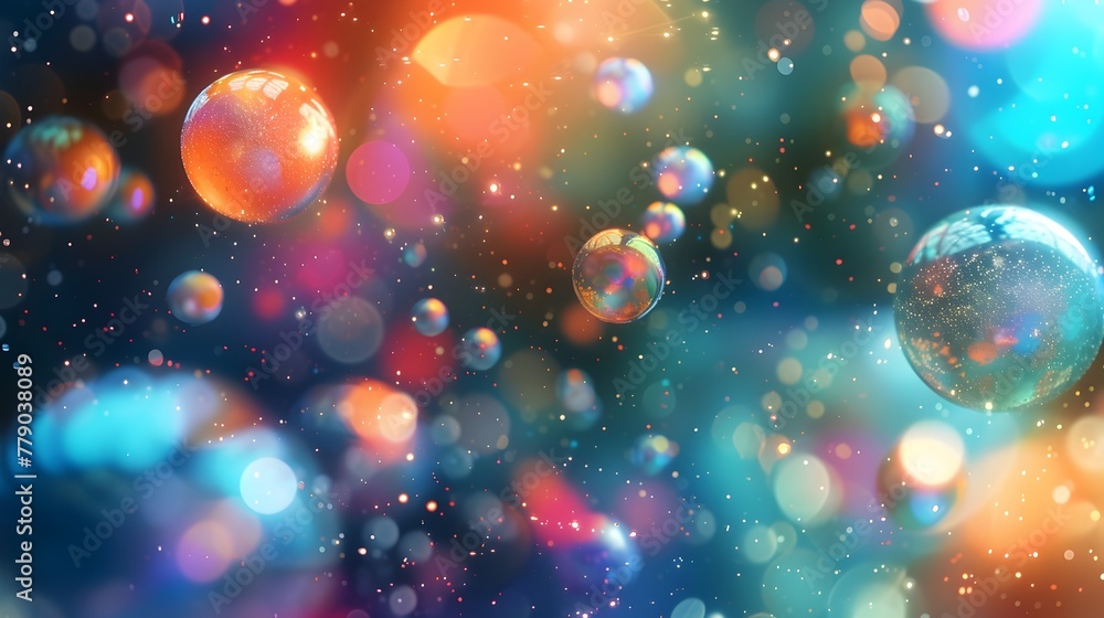 Poster vibrant 3d abstract spheres floating in multicolor nebula with glowing edges and soft lighting,creat