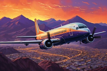 A retro airplane is flying over a city at sunset