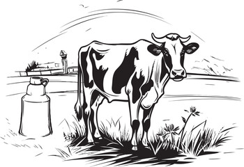 Dairy Dreamland Cow with Milk Can Emblem Utterly Delicious Milk Can Grass Farm Vector Logo
