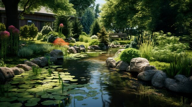 A photo of a backyard pond surrounded by greenery.