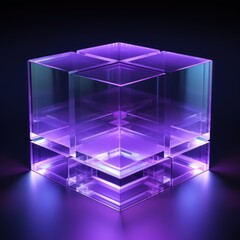 Violet glass cube abstract 3d render, on black background with copy space minimalism design for text or photo backdrop 