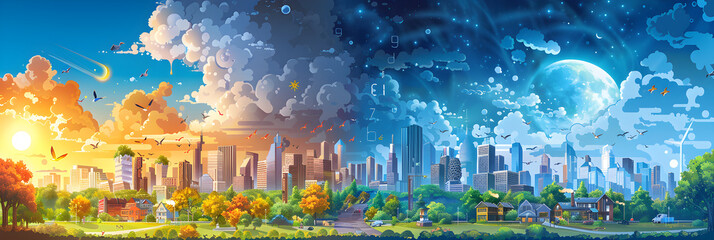 Digital Illustration of Weather Forecast across Urban Cityscape