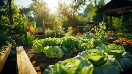 A photo of a backyard vegetable and herb garden. - obrazy, fototapety, plakaty