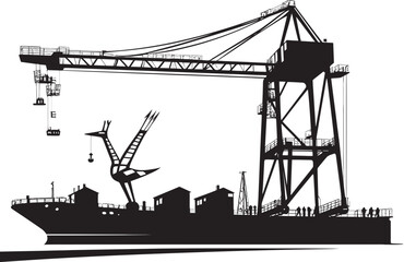 Cargo Conquest Crane Loading to Cargo Ship Vector Logo Seafaring Stalwarts Industrial Cargo Ship Loading Crane Emblem