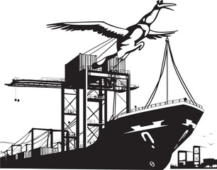 Seaborne Symphony Industrial Ship Loading Vector Emblem Cargo Connect Crane Loading to Cargo Ship Logo Icon