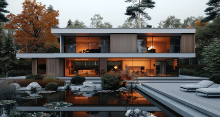 A modern house surrounded by natural landscape, minimalist architecture, wood facade. Generative AI.