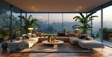 Minimalist modern living room with houseplants and a stunning view at dawn. Generative AI.