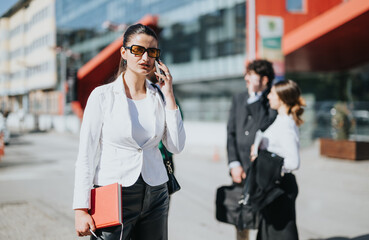 Fototapeta premium Modern businesspeople engaged in conversation outdoors in a cityscape, reflecting dynamic work culture and collaboration.