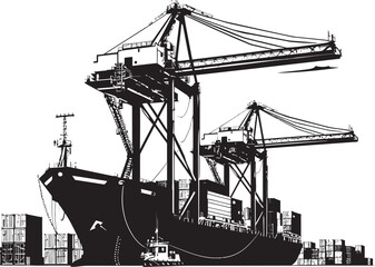 Port Protectors Industrial Cargo Ship Loading Crane Icon Emblem Vessel Visionaries Crane Loading to Cargo Ship Vector Logo Design