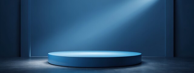 Spotlight on blue circular podium in a room