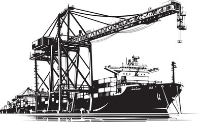 Shipyard Crane Cargo Ship Loading Vector Logo Crane Cargo Loading Industrial Ship Vector Icon