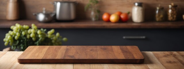 Wooden kitchen cutting board on a countertop - obrazy, fototapety, plakaty