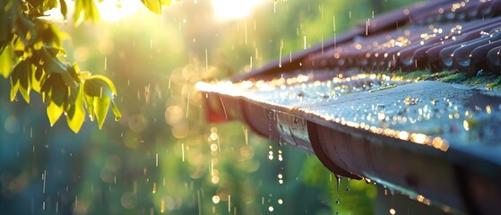 Raindrops and Leaves: The Unseen Melody of Clogged Gutters. Concept Seasonal Maintenance, Outdoor Spaces, Nature Beauty, Environmental Impact, Creative Photography - obrazy, fototapety, plakaty