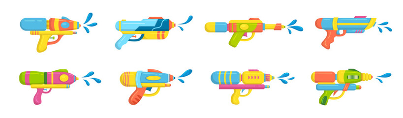Vector plastic children's toy water gun icons set isolated on white background. Multi-colored cartoon summer pistols collection. Songkran festival traditional game illustration