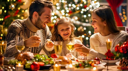 Joyful happy family celebrating festive season with Christmas dinner. Fater, mother, daughter