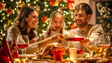 Happy family enjoying New Year's Eve dinner, Christmas tree