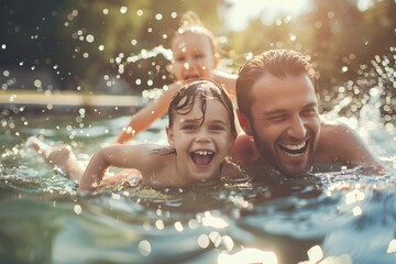 Happy family enjoying summer swim, outdoor pool. Active sport, children, father 