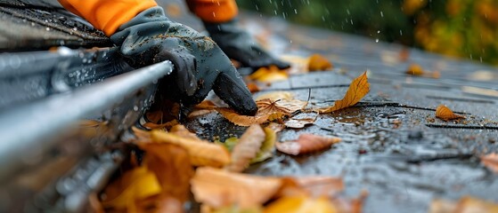 Gutter Cleanup in Autumn Rain. Concept Fall Maintenance, Stormy Weather, Leaf Removal, Outdoor Chores - obrazy, fototapety, plakaty