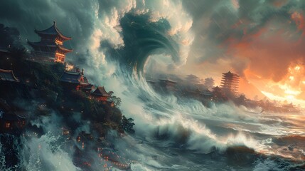 Majestic tsunami waves, traditional Asian city, stormy skies. Dramatic storm chaos. Power nature - obrazy, fototapety, plakaty