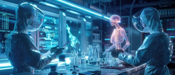 Hyper-realistic scene of an alien species sharing their advanced osteoporosis cure, with bioluminescent technology illuminating the lab, 3D illustration