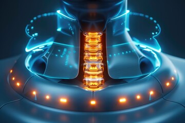 Detailed view of a futuristic bone density scanner highlighting areas of osteoporosis with a neon glow, 3D illustration