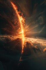 Detailed, moody illustration of a fire bow that controls solar flares, aimed toward the sun from a dark observatory, 3D illustration