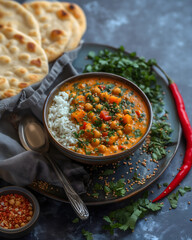 Vegan curry with chickpeas and rice on a background of greens and ingredients. Vertical concept for advertising Asian cuisine, menus and restaurants