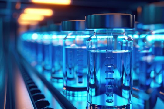 Detailed scene of osteoporotic bone samples stored in a futuristic cryogenic chamber, each vial backlit with eerie light, 3D illustration