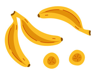 Banana whole and cut isolated on white background set. Vector flat graphic design element concept illustration