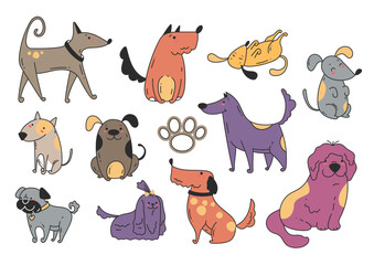 Doodle sketch line art animal dogs puppy characters hand drawn isolated set. Vector graphic design element illustration	
