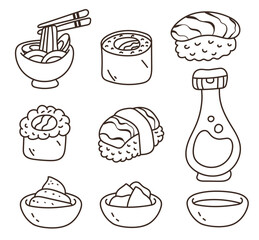 Sushi food line art outline isolated set. Vector flat graphic design illustration