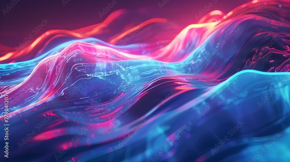 Poster mesmerizing neon waves flowing in vibrant chromatic loop:fluid 3d visualization of dynamic iridescen