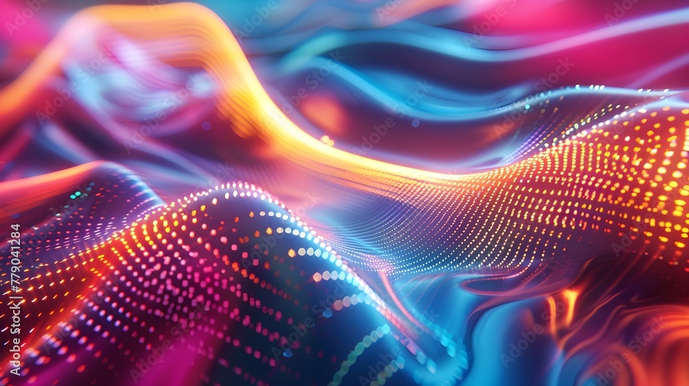 Poster fluid neon wave:captivating holographic iridescent 3d rendered motion against dynamic colorful abstr
