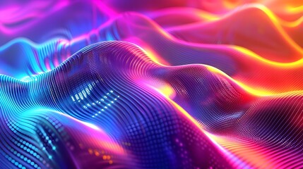 Captivating Neon Wave of Pulsing Light in a Mesmerizing Multicolored Digital Landscape - obrazy, fototapety, plakaty