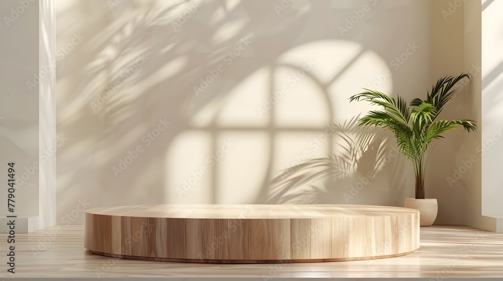Poster sleek wooden podium in 3d highlighted by geometric abstract background for serene display