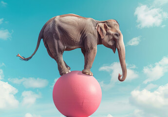 An elephant balancing on top of an inflatable pink ball
