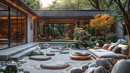 New Chinese garden with angular eaves, couches and stone paths. Generative AI.