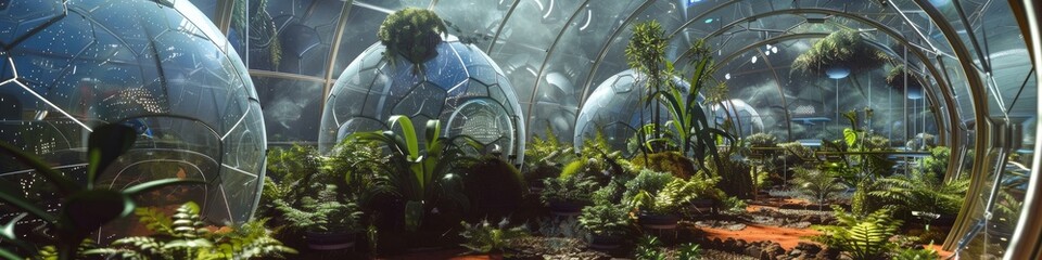 A cosmic botanical garden on a space station, preserving rare extraterrestrial plant species in climate-controlled domes - obrazy, fototapety, plakaty
