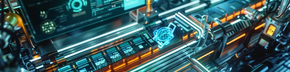 A detailed view of a technician using a holographic display to monitor and adjust an automated production line, showcasing futuristic factory operations - obrazy, fototapety, plakaty