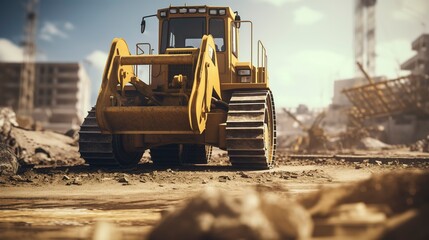 A photo of a bulldozer at the edge of a construction - obrazy, fototapety, plakaty