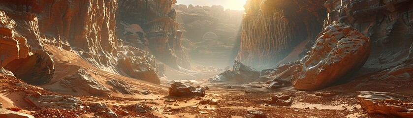 Mars, mysteriously complex in the Martian canyons Presented in a 3D render - obrazy, fototapety, plakaty
