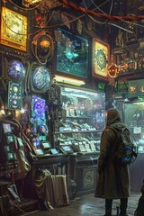 Fototapeta na wymiar A dystopian marketplace where vendors sell rare artifacts through holographic displays