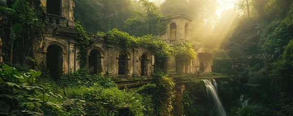 Sierkussen Ancient ruins, overgrown with vegetation, waterfalls cascading down, golden hour light © Katawut